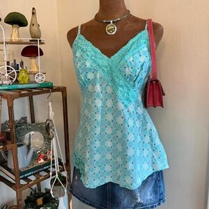 Y2K Fairycore Coquette Aqua Blue Printed Lace Babydoll Style Tank Top by George